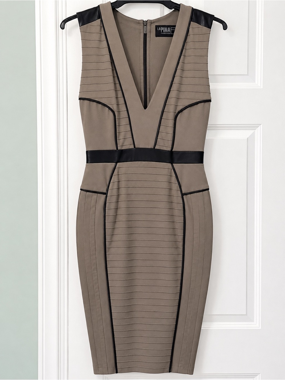 LaPina Taupe Sheath Dress with Black Leather Trim